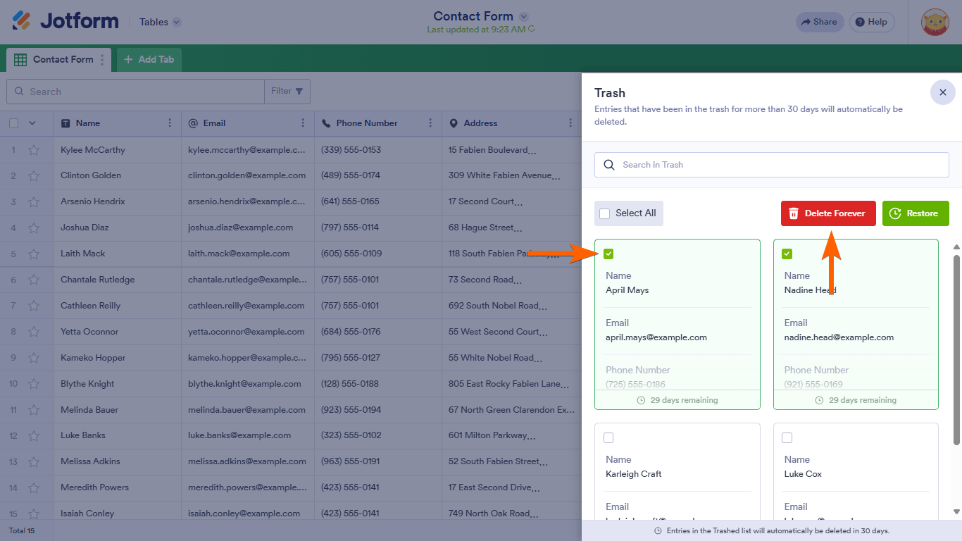 Steps to delete trashed entries in Jotform Tables Screenshot 42