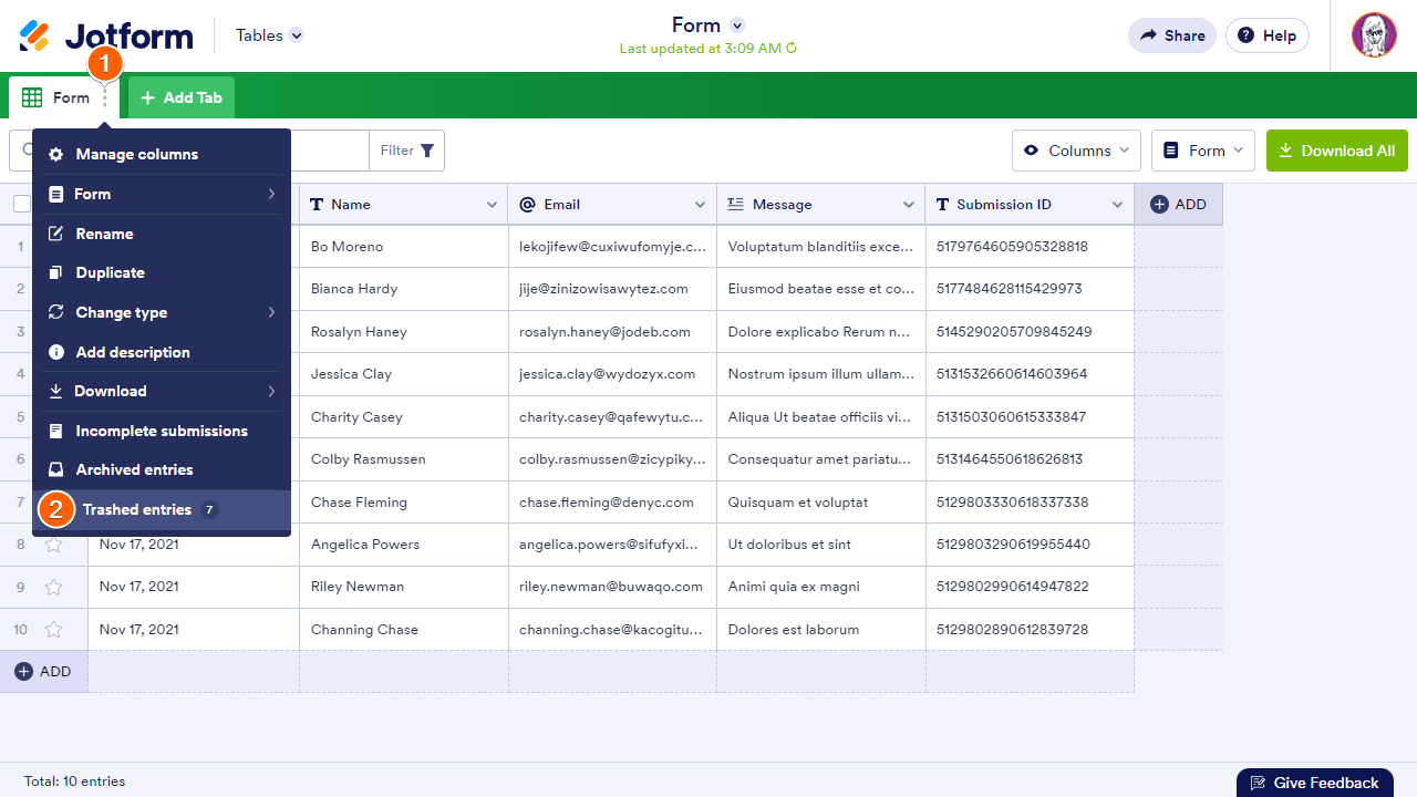 Steps to view the trashed entries in Jotform Tables Screenshot 10 Screenshot 21 Screenshot 21