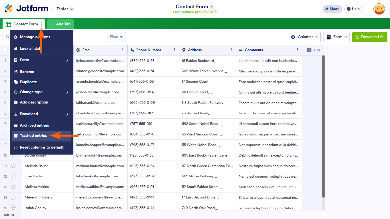Steps to view the trashed entries in Jotform Tables Screenshot 31