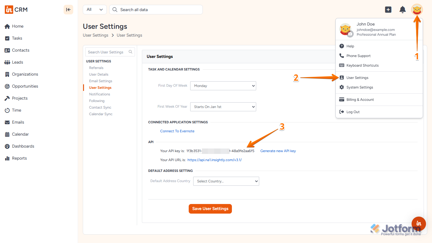 API Key in User Settings of the Insightly Home page