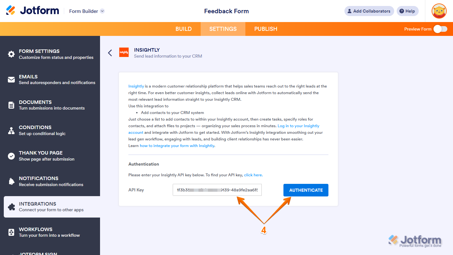 API Key and Authenticate button in Insightly section under the Settings tab in Jotform Form Builder