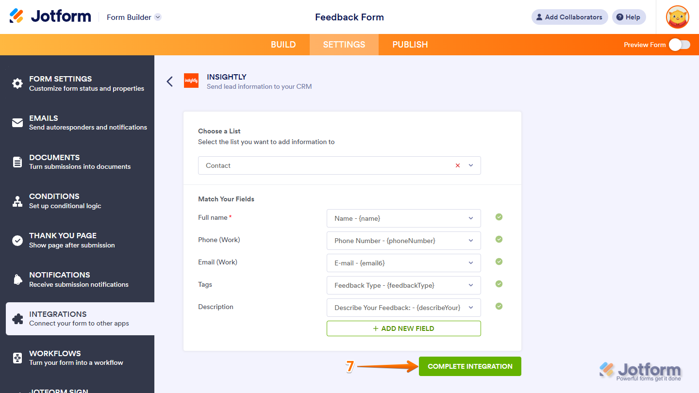 Complete Integration button in Insightly section under the Settings tab in Jotform Form Builder