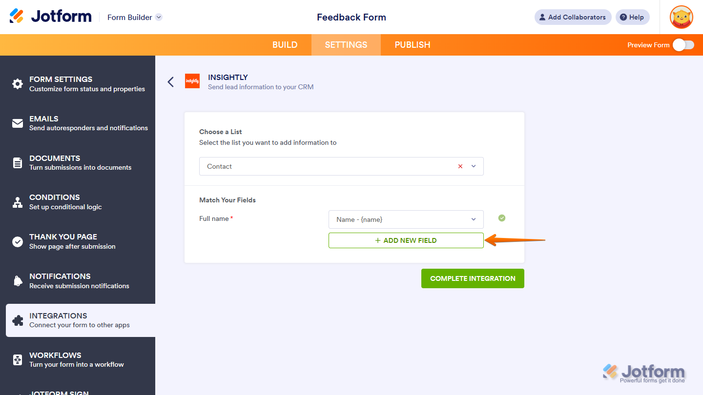 Add New Field button in Insightly section under the Settings tab in Jotform Form Builder