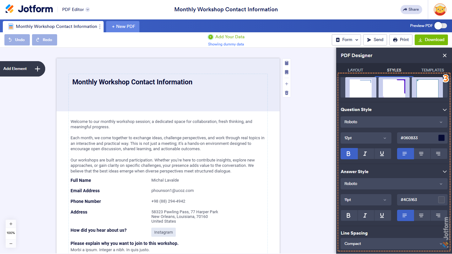 PDF Designer Style tab showing Question Style Answer Style and Line Spacing settings in Jotform