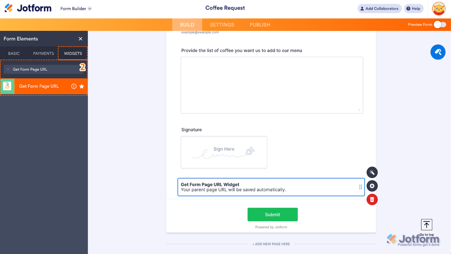 Form Builder showing the Widgets tab with the Get Form Page URL widget selected