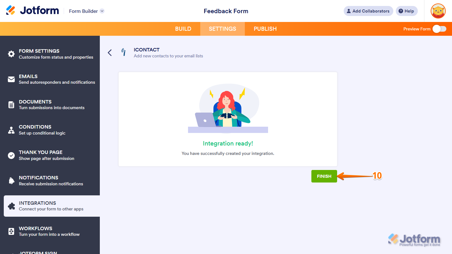 Finish button in iContact  section under the Settings tab in Jotform Form Builder