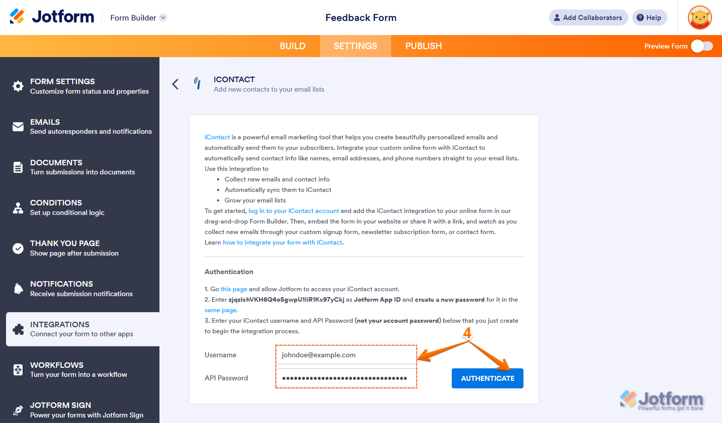 Username and API Password credentials in iContact Authentication section under the Settings tab in Jotform Form Builder