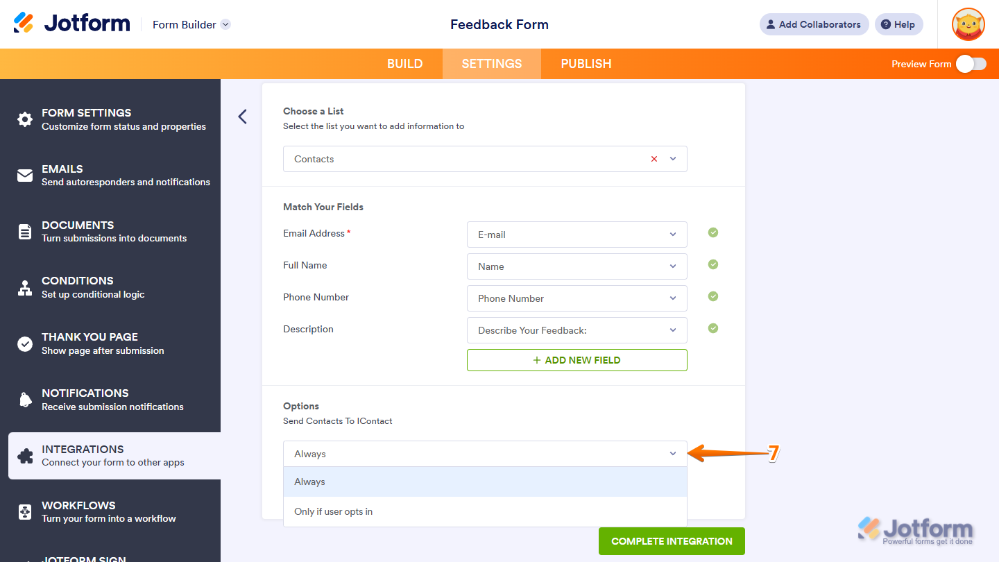 Send Contacts Dropdown menu in iContact Integration Settings under the Settings tab in Jotform Form Builder