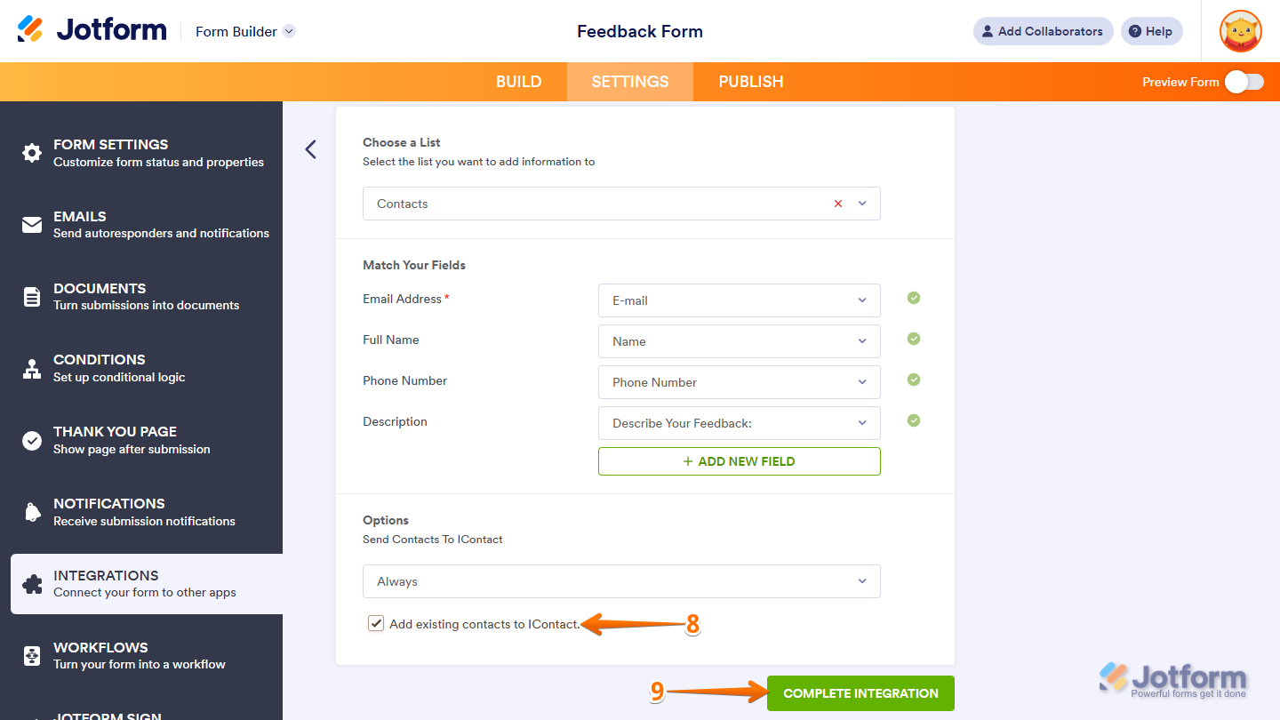 Add Existing Contacts to iContact option and Complete Integration button in iContact Integration Settings under the Settings tab in Jotform Form Builder