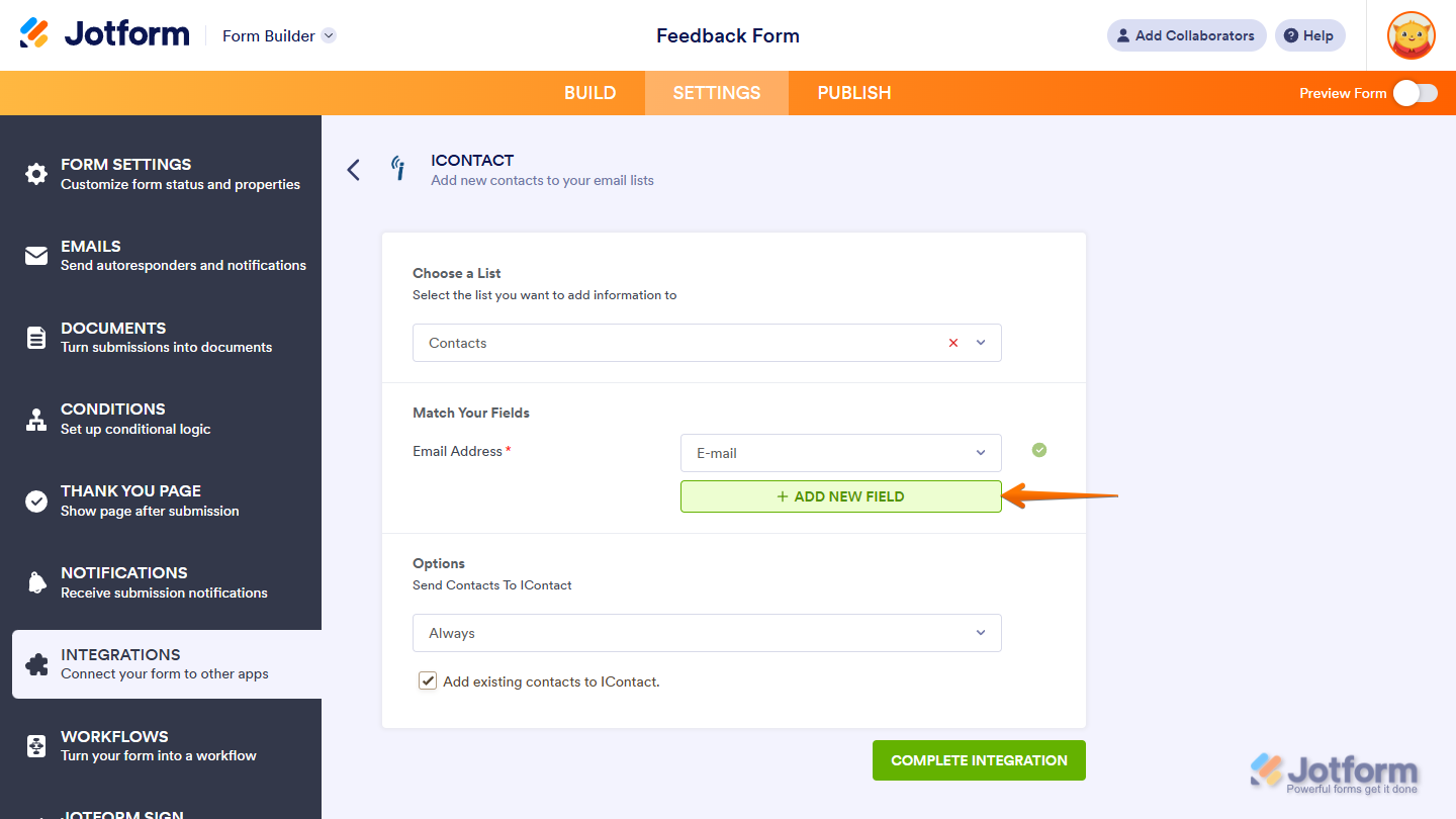 Add New Field button in iContact Integration Settings under the Settings tab in Jotform Form Builder