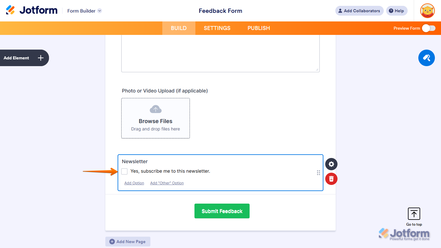 Newsletter field automatically added in  Jotform Form Builder