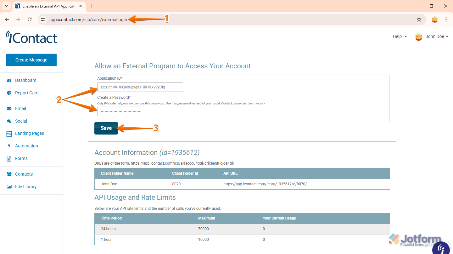 Application ID and Create Password Input boxes in the Allow an External Program to Access Your Account section on the iContact External Login page