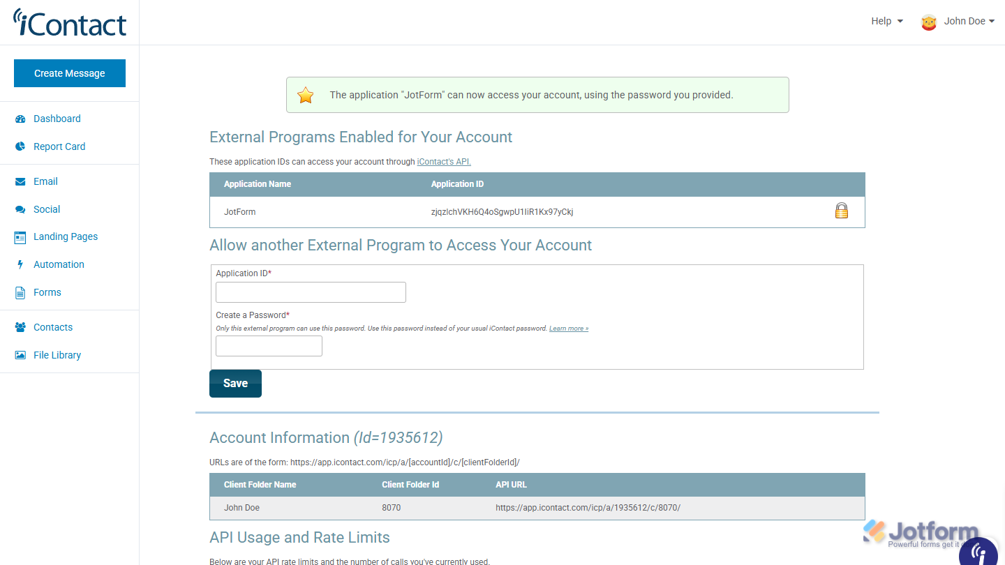 External Programs Enabled for Your Account section on the iContact External Login page