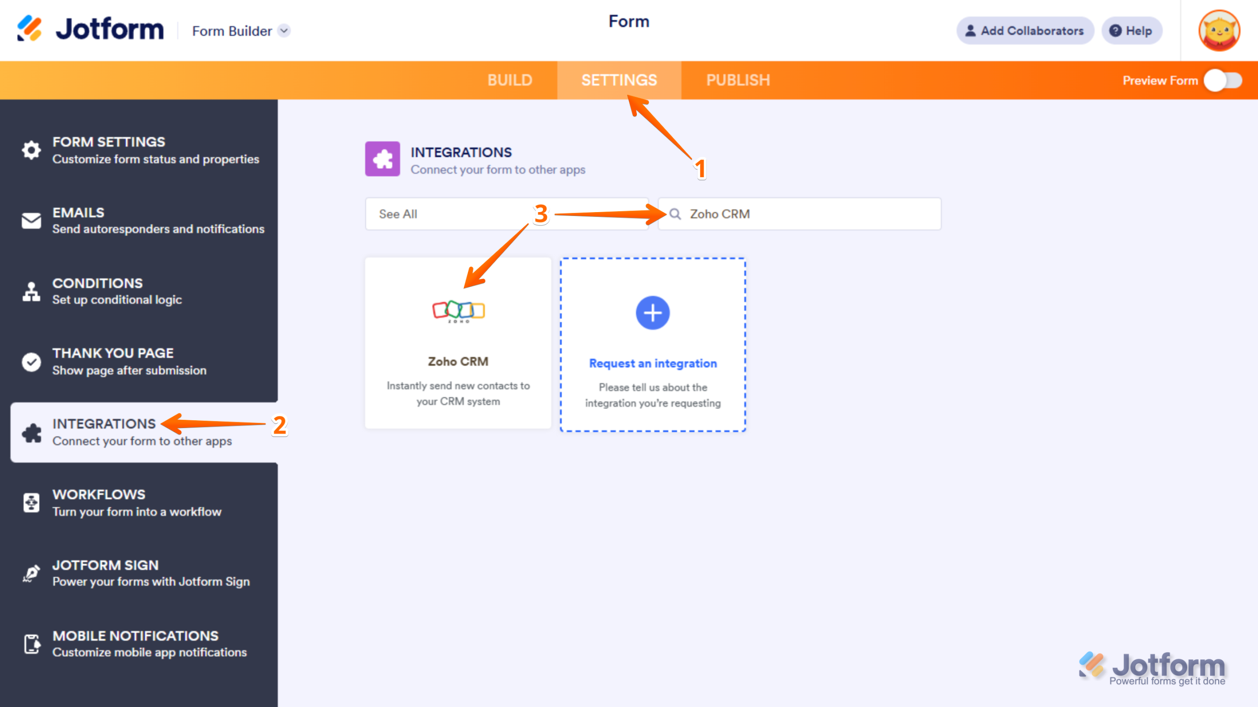 Accessing the Zoho CRM integration from the Integrations tab in Form Builder settings in Jotform.
