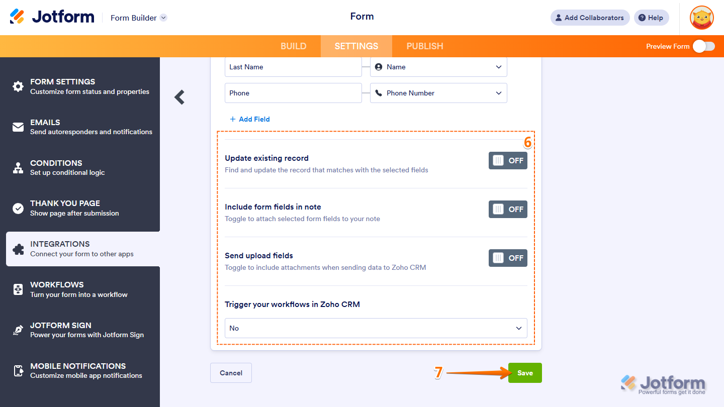 Completing Zoho CRM integration in Jotform by configuring update options, including form fields in notes, sending uploads, and triggering workflows, then saving the settings