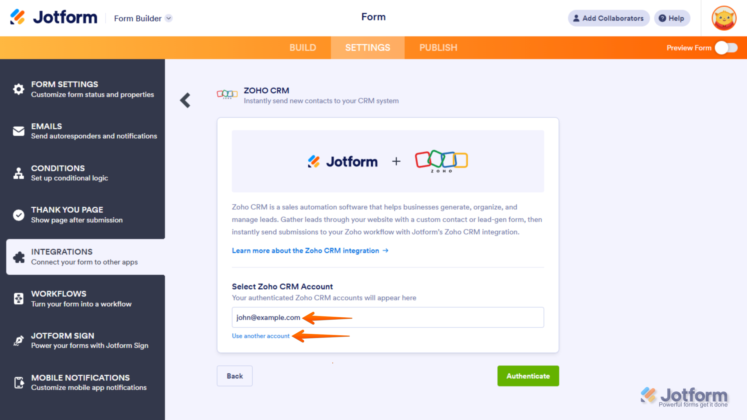 Selecting an existing Zoho CRM account from the dropdown or choosing Use another account during Zoho CRM authentication in Jotform
