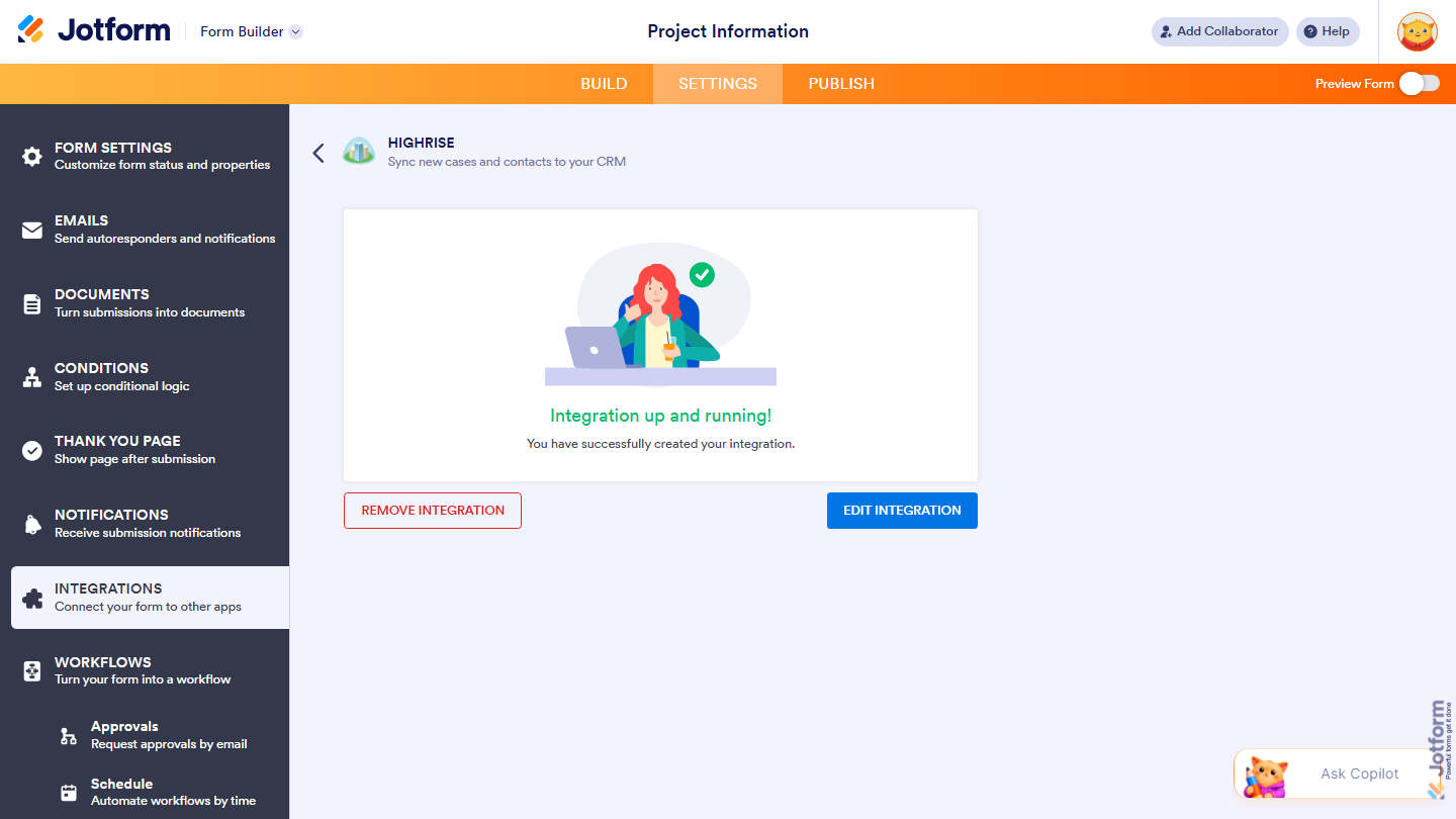 Highrise integration successfully connected, showing an active integration ready to automatically send new Jotform submissions to the selected Highrise destination