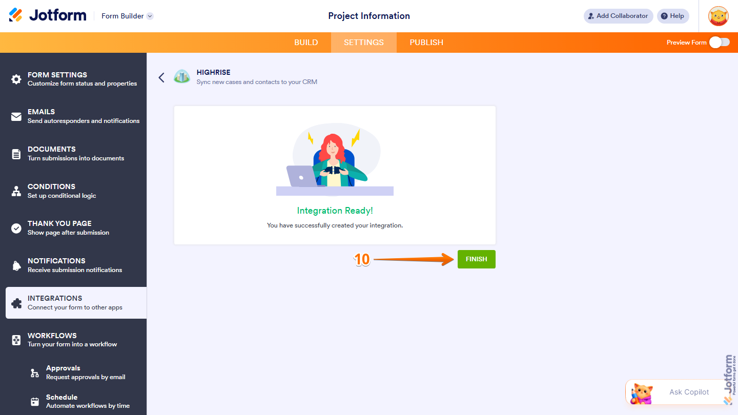 Highrise integration setup showing the Finish button, indicating the integration is ready to be completed in Jotform