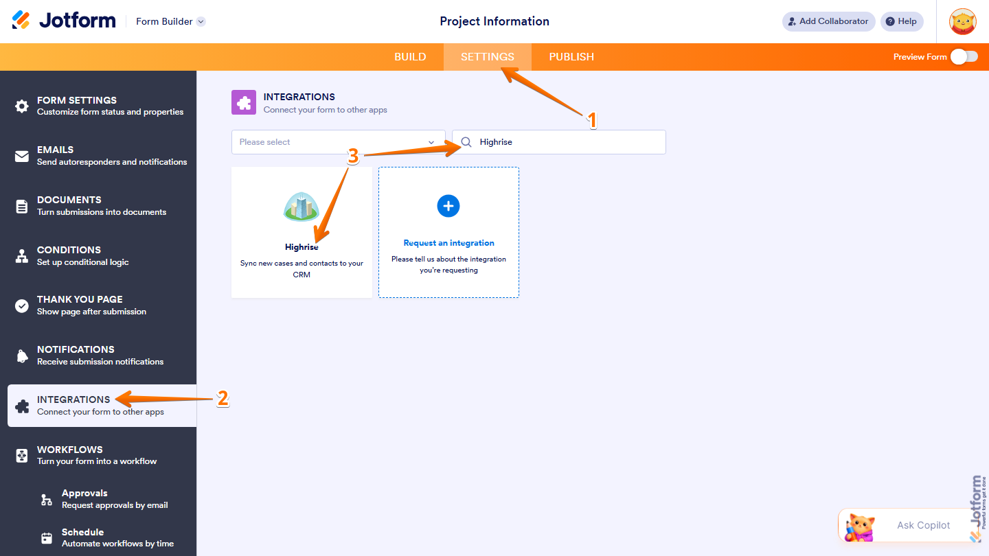 Form Builder Integrations page showing Highrise search and selection in Jotform