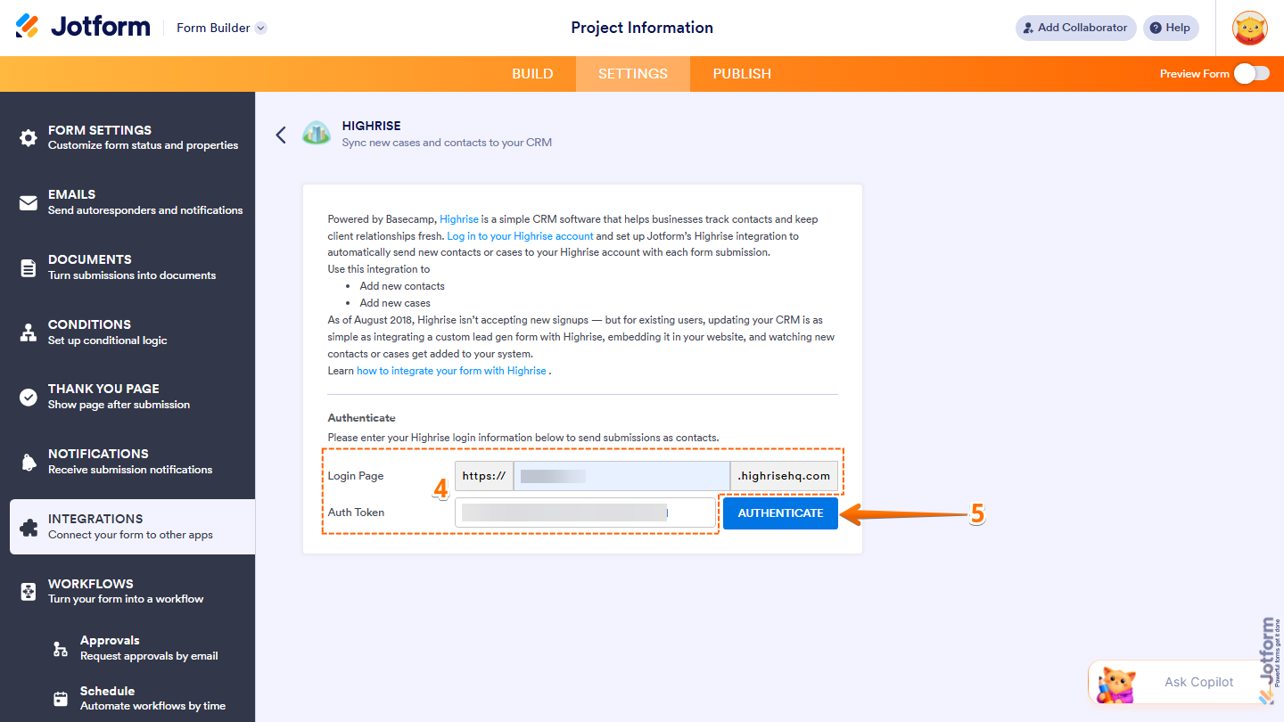 Highrise integration page showing Login Page and Auth Token fields with the Authenticate button in Jotform