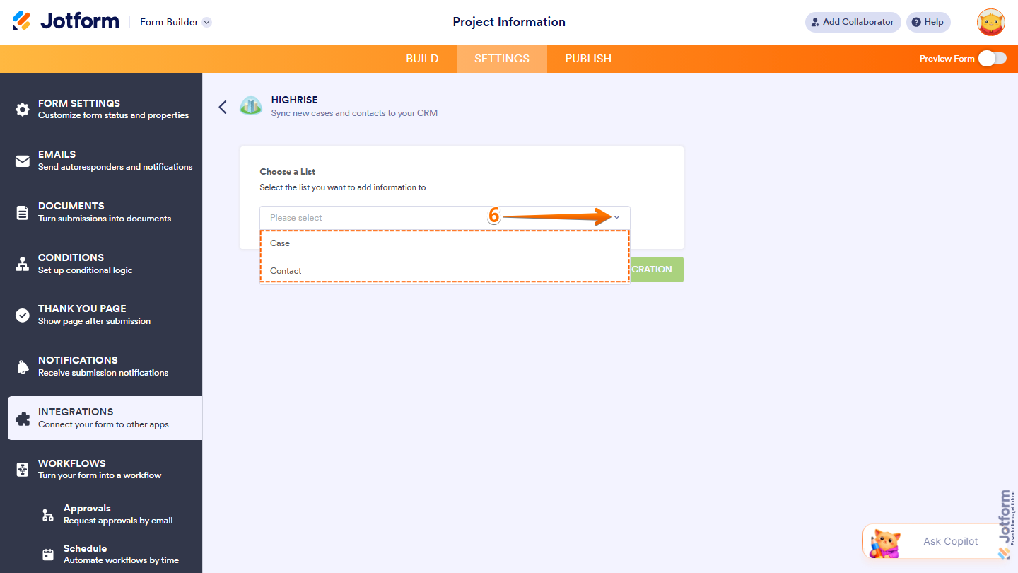 Highrise integration page showing the Choose a List dropdown menu with Case and Contact destination options in Jotform
