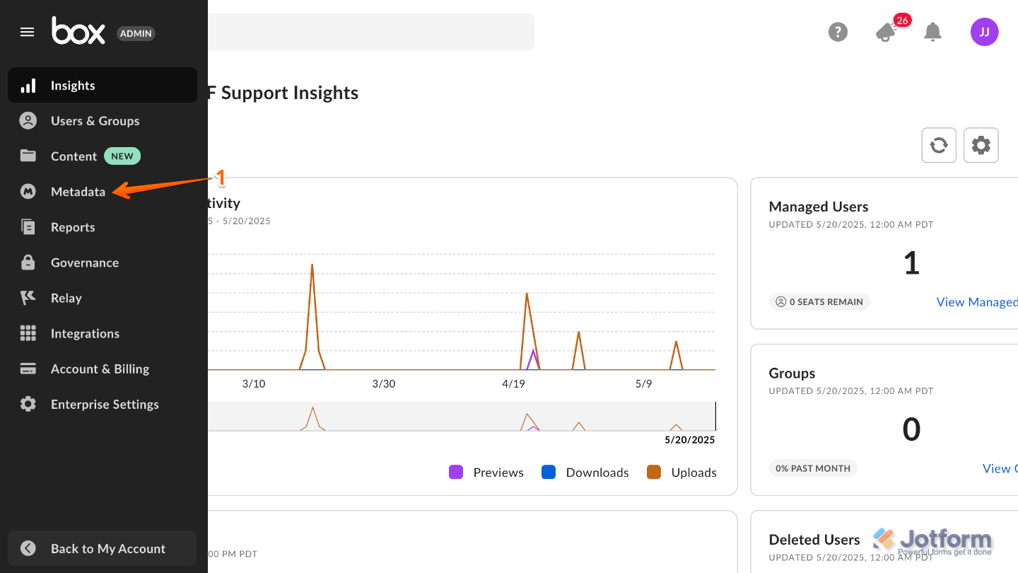 Box Admin Console interface showing the Metadata option highlighted in the left-side menu