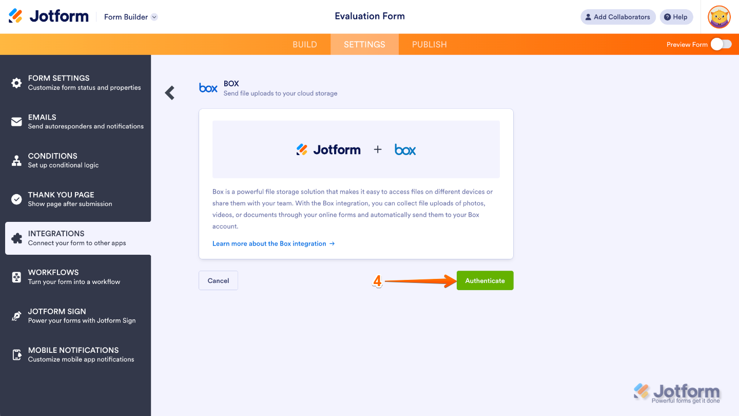 Box integration interface showing the Authenticate button to connect your Box account
