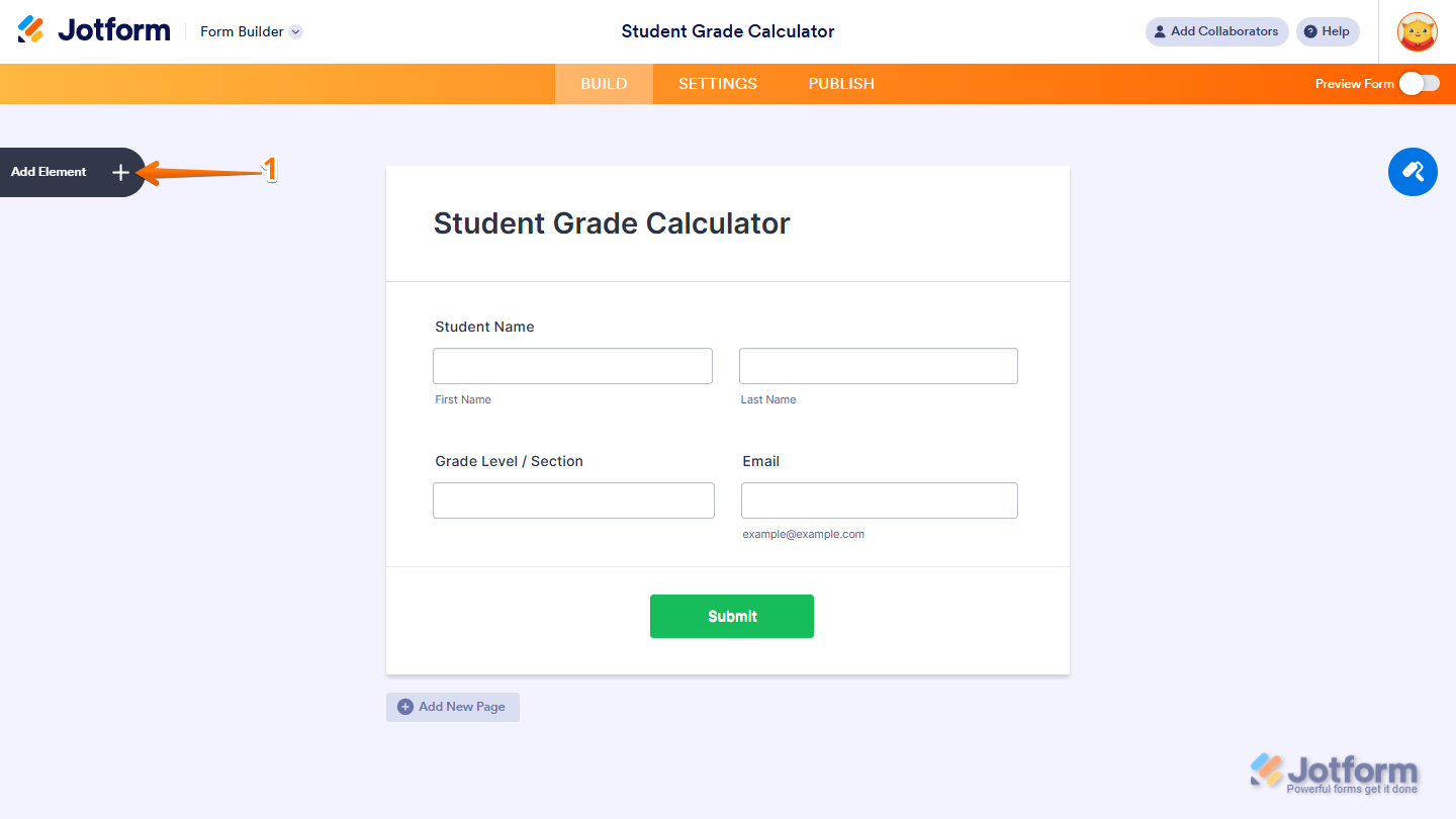 Form Builder Add Element menu in Jotform