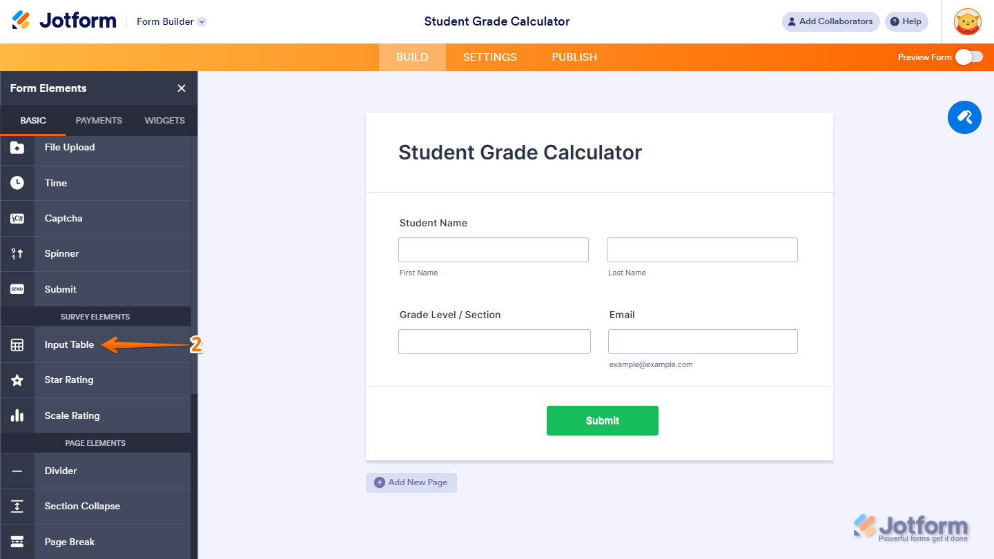 Form Elements Basic tab showing Survey Elements section with Input Table selection in Jotform