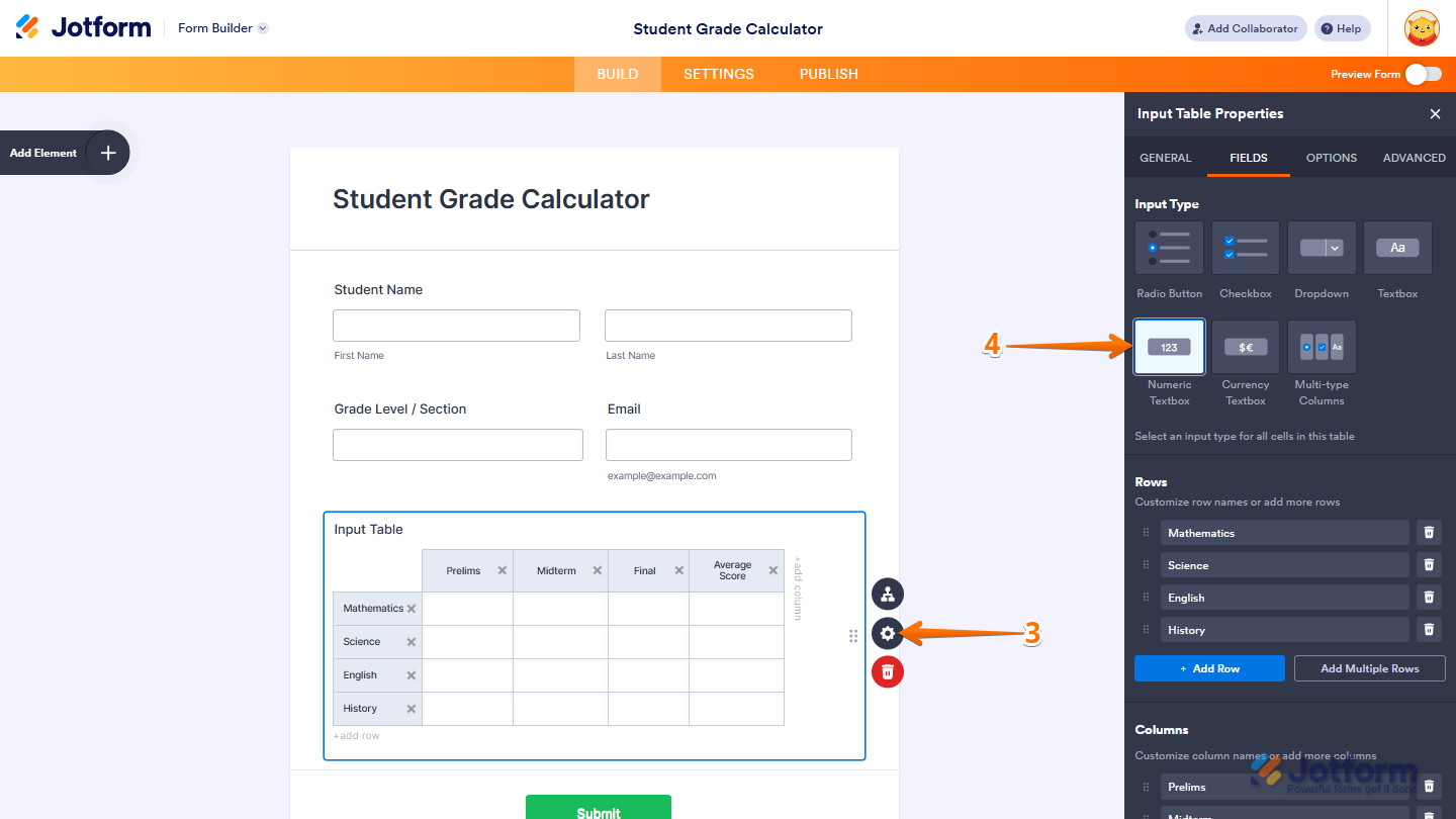 Input Table settings showing Numeric Text Box input type selected in Jotform