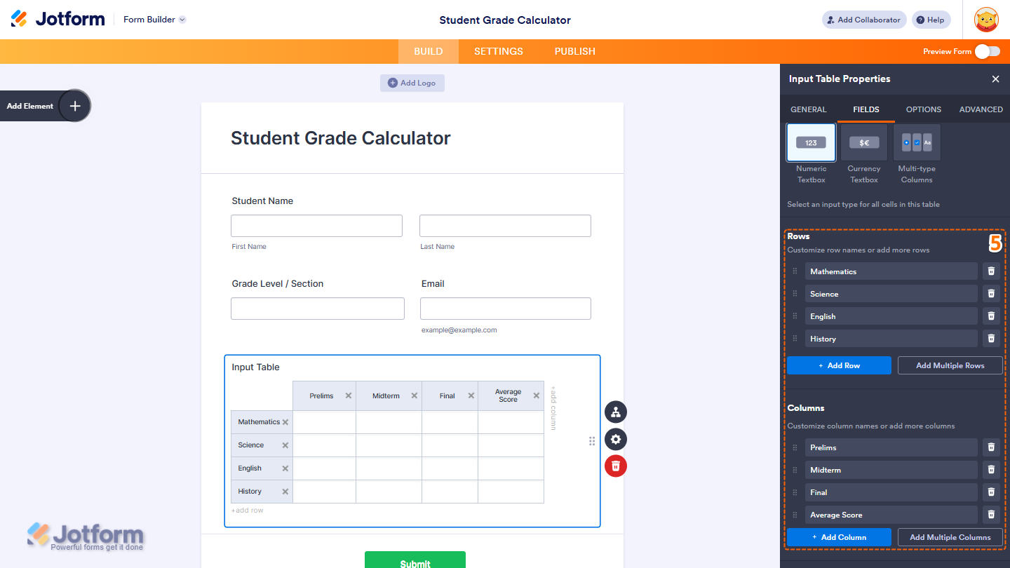 Input Table settings showing editable Rows and Columns configuration for numeric entries in Jotform