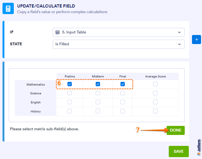 Conditional Logic formula settings showing selected Input Table rows and columns for score calculation in Jotform