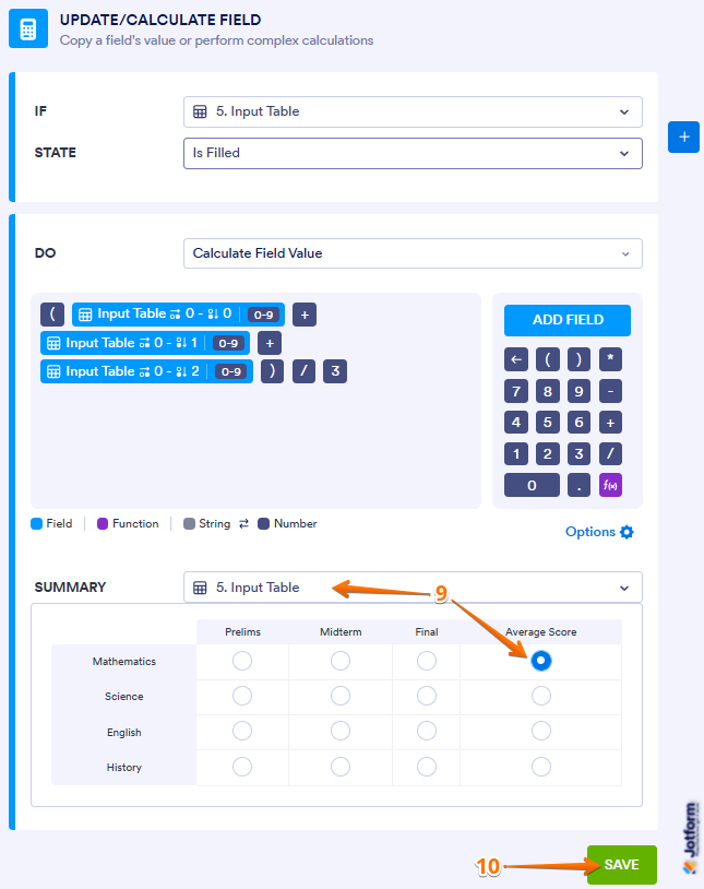 Conditional Logic summary settings showing Input Table Average Score selection and Save button in Jotform