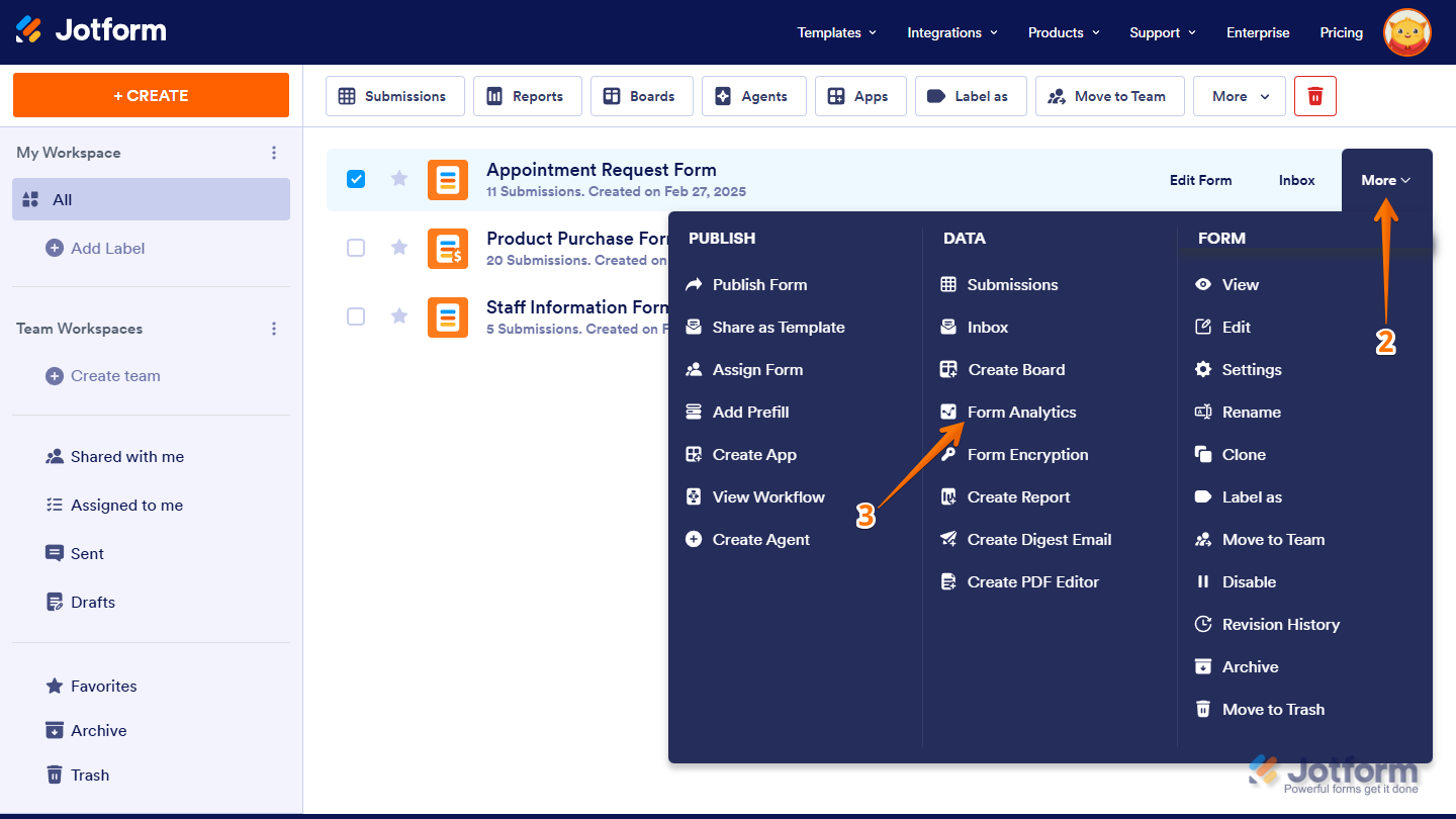 Form Analytics option under the Data column in More Dropdown menu of a form in Workspace page