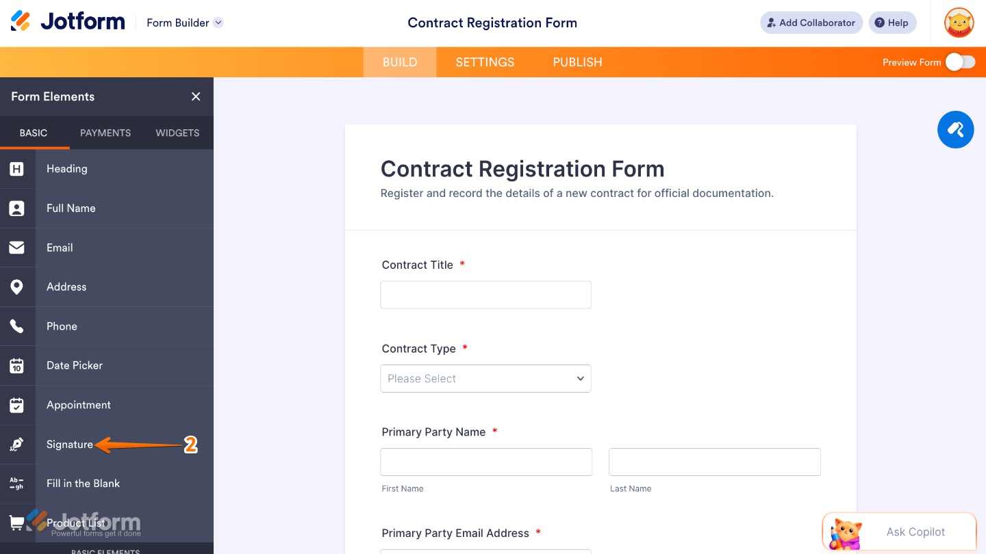 Form Elements panel under the Basic tab showing the Signature field being selected and added to a form