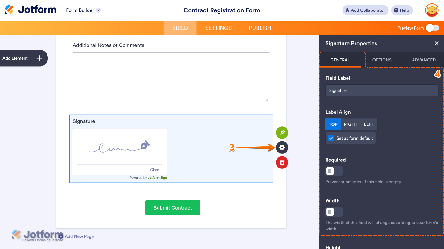 Signature field properties panel showing settings for field label, label alignment, required toggle, and width