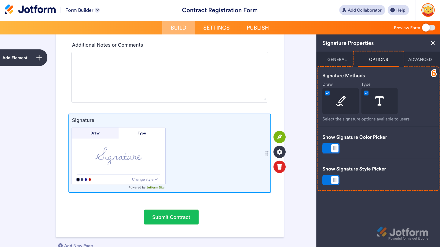 Signature field Options tab showing settings for draw mode, typed signature, color picker, and signature style picker