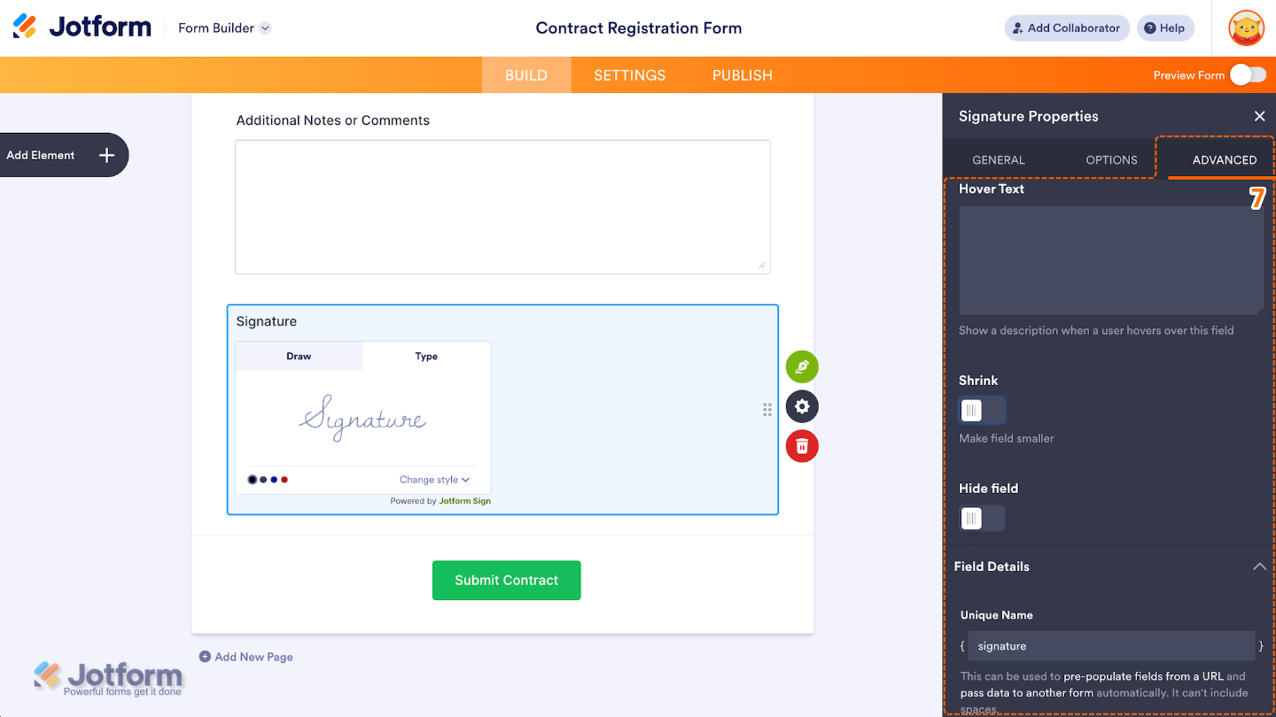 Signature field Advanced tab showing options for hover text, shrink, hide field, and field details