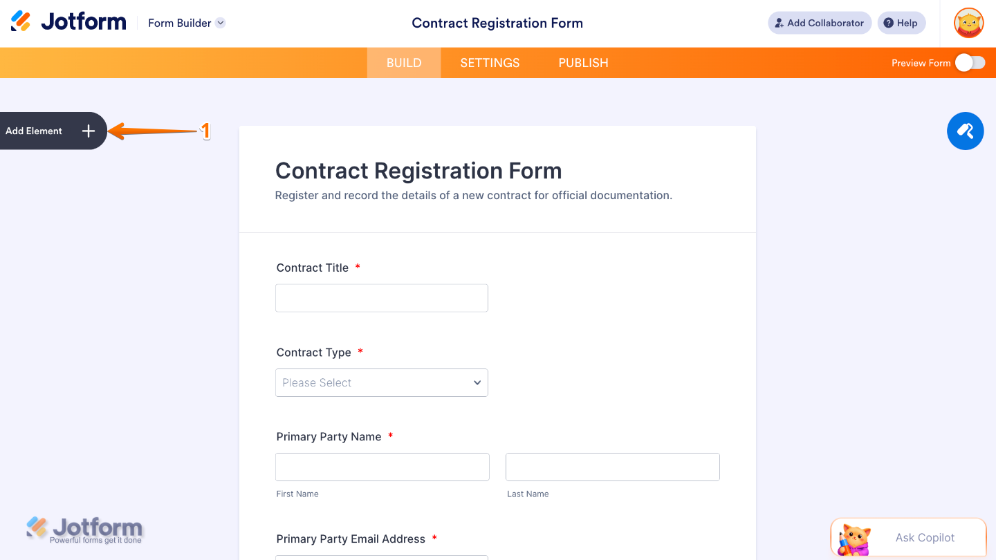 Form Builder interface highlighting the Add Element button on the left panel to add new fields and widgets