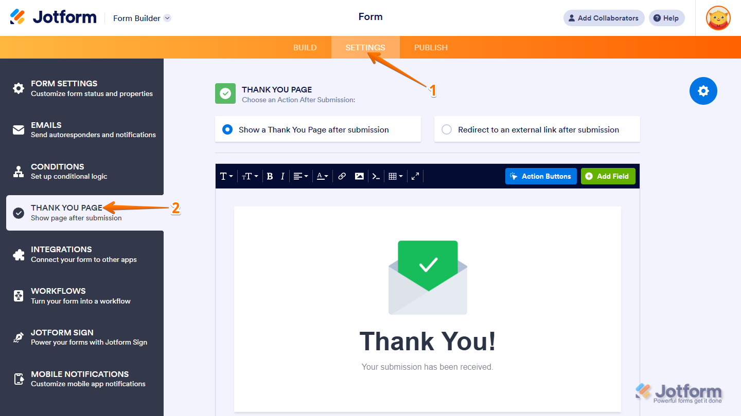 Thank You Page tab of the Jotform Form Builder