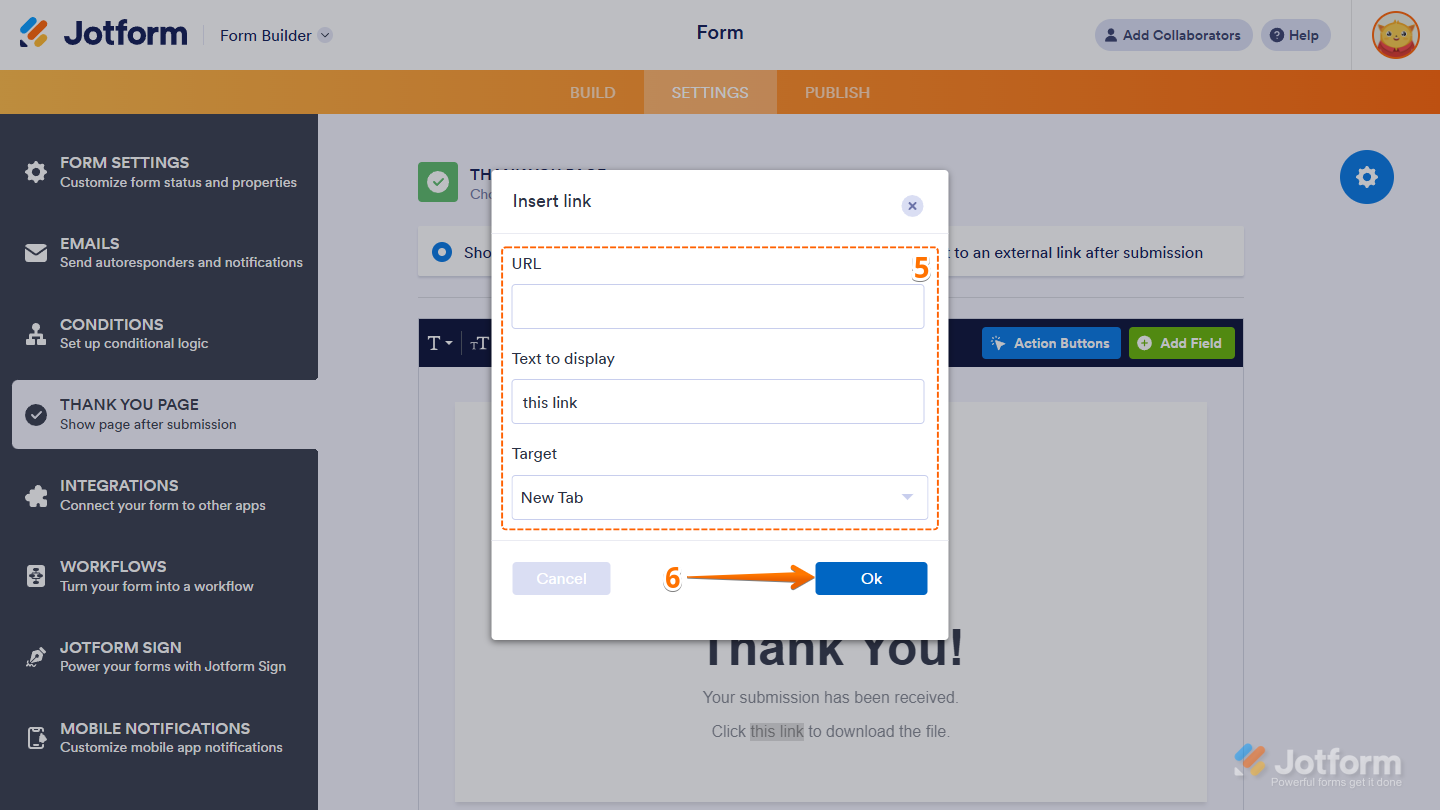 Insert Link of the Thank You Page settings