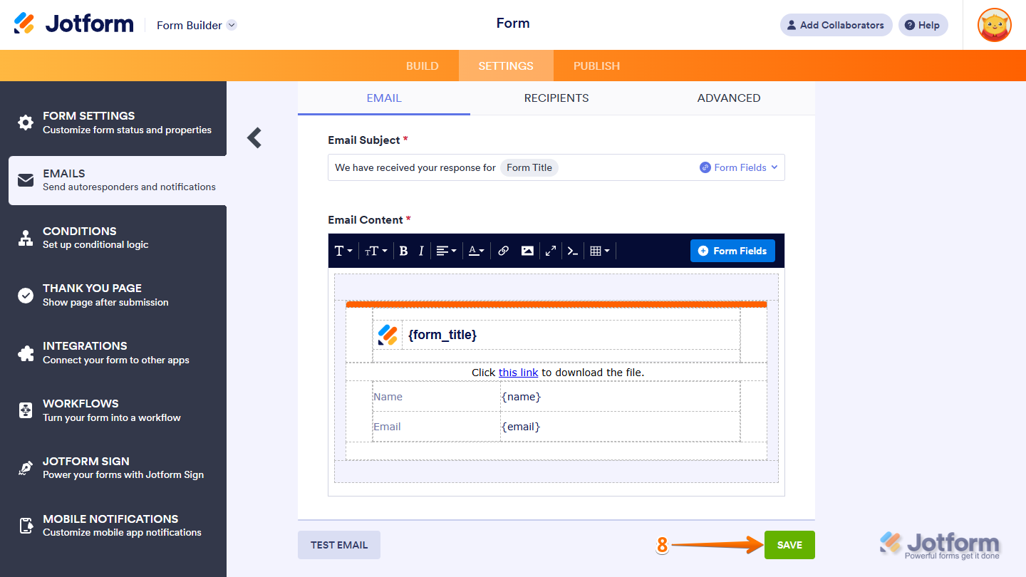 Save button in the Autoresponder Email