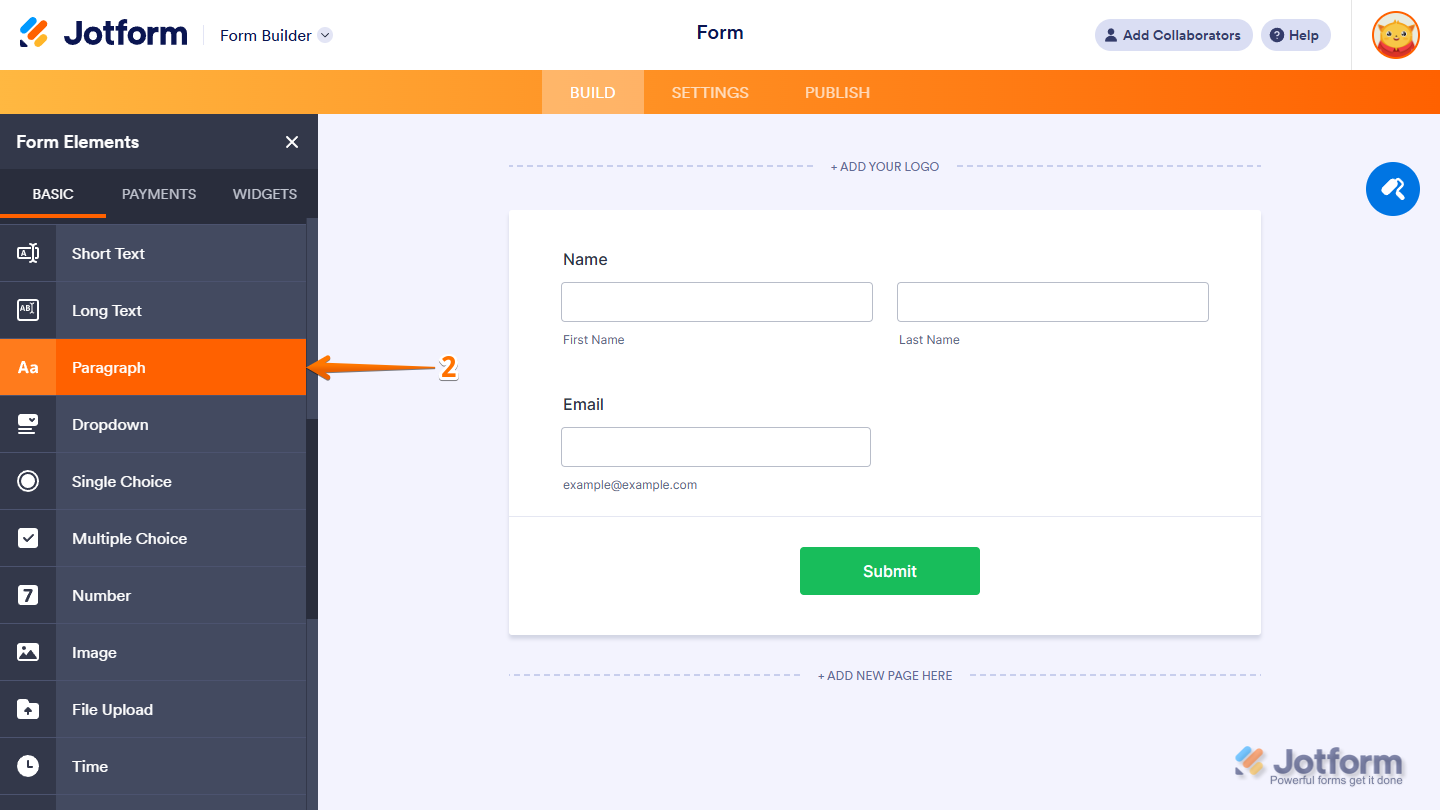 Paragraph element in the Basic Tab of the Jotform Form Builder