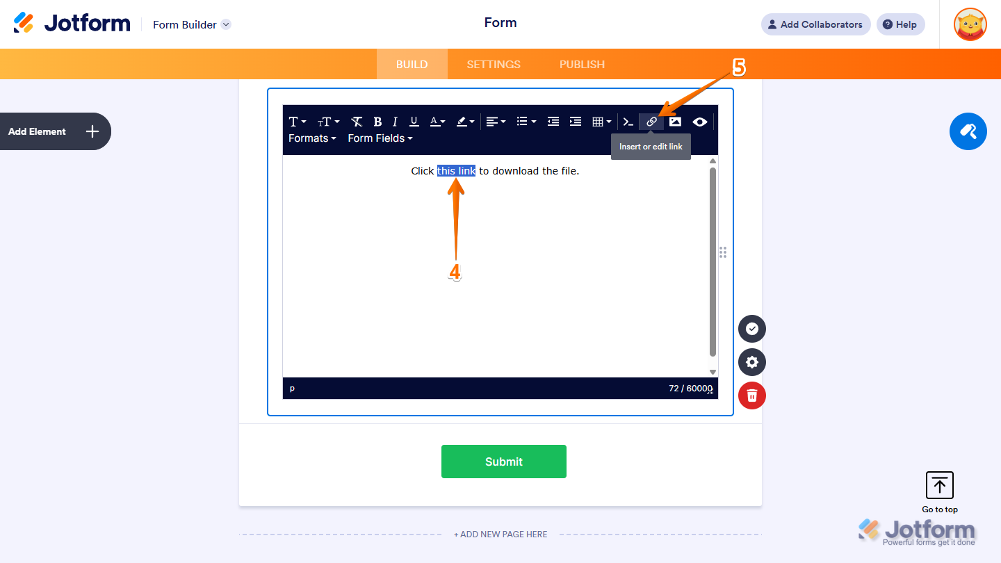 Insert or edit link icon in the toolbar of the Paragraph element