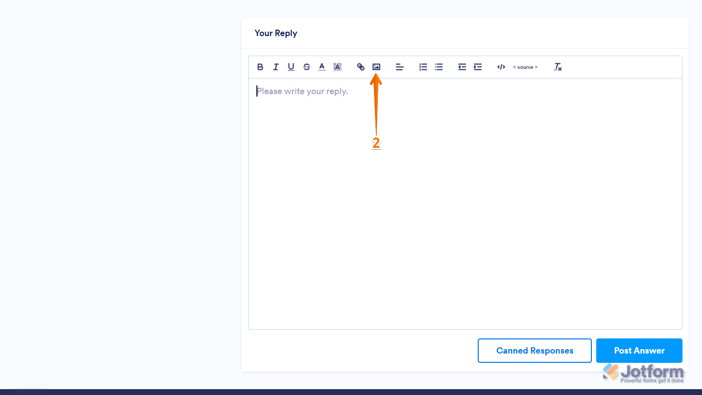 Clicking the Image icon in the Your Reply section to attach a screenshot in the Jotform Help Center