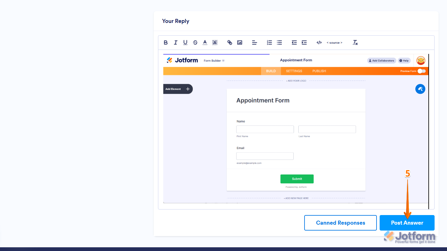 Clicking the Post Answer button to submit your reply in the Your Reply section of the Jotform Help Center