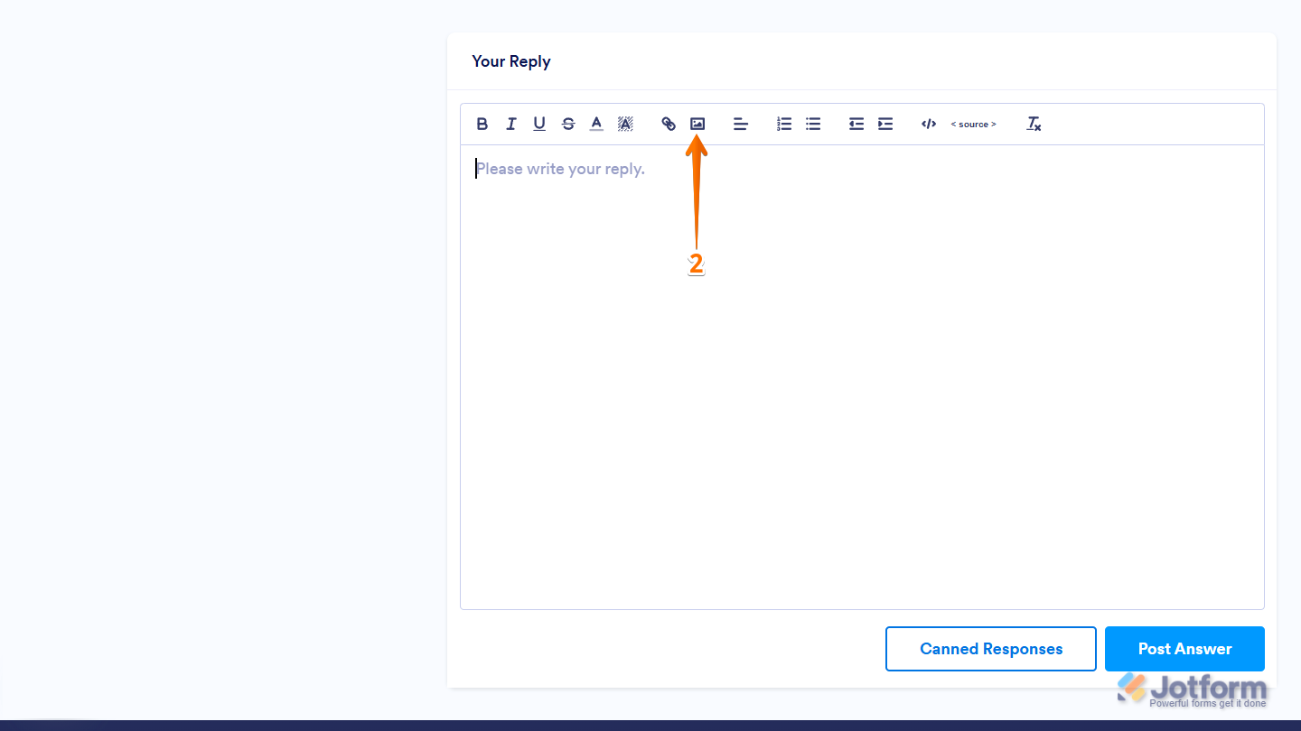 Clicking the Image icon in the Your Reply section to attach a screenshot in the Jotform Help Center