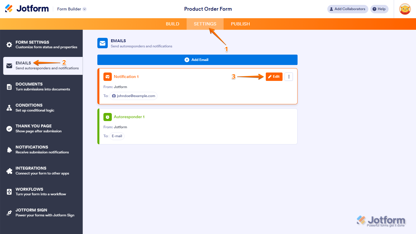 Form Builder Settings showing Emails menu with Notification or Autoresponder template edit Pencil icon in Jotform