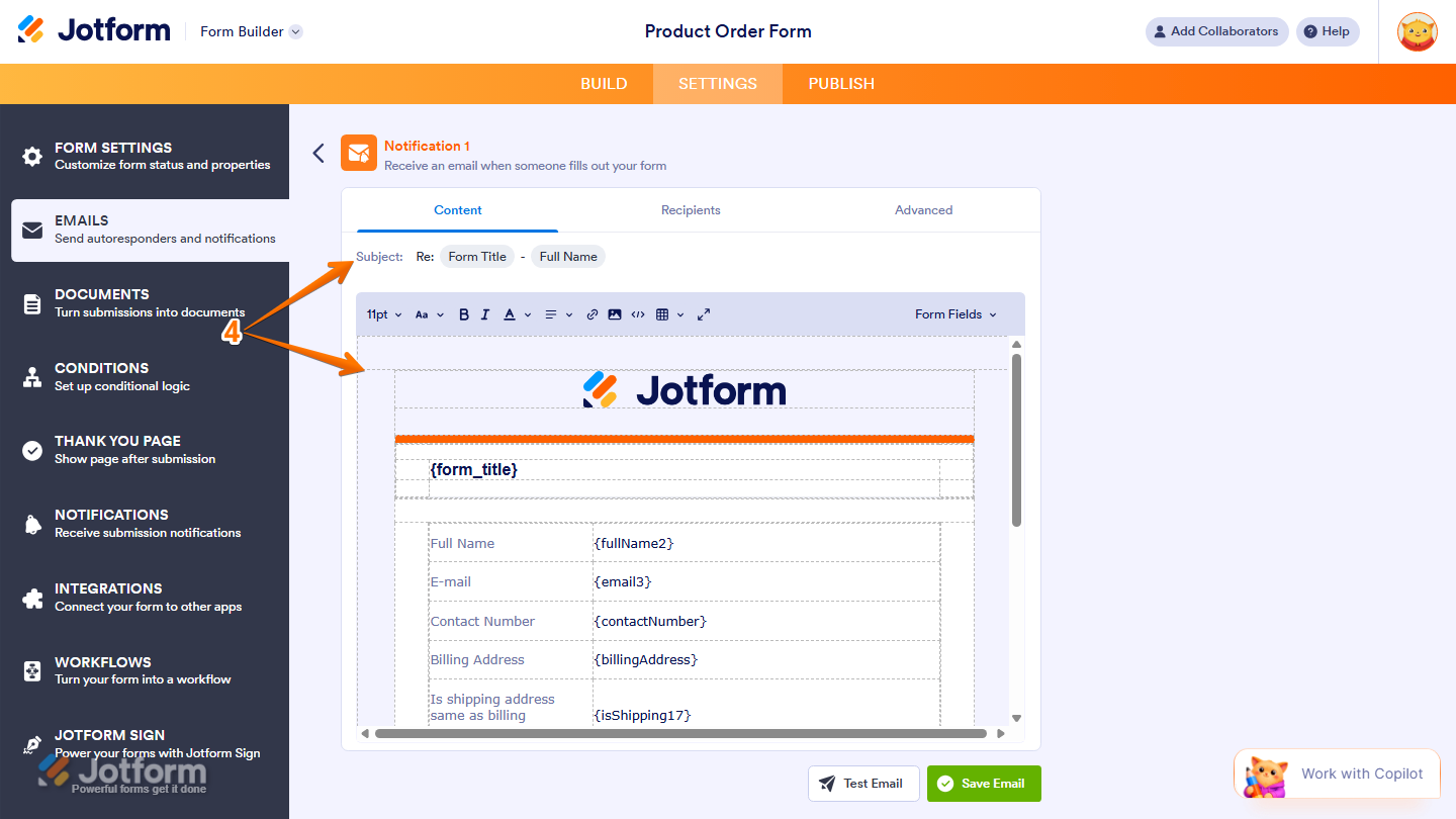 Email template editor showing Email Subject, and Email Content fields in Jotform