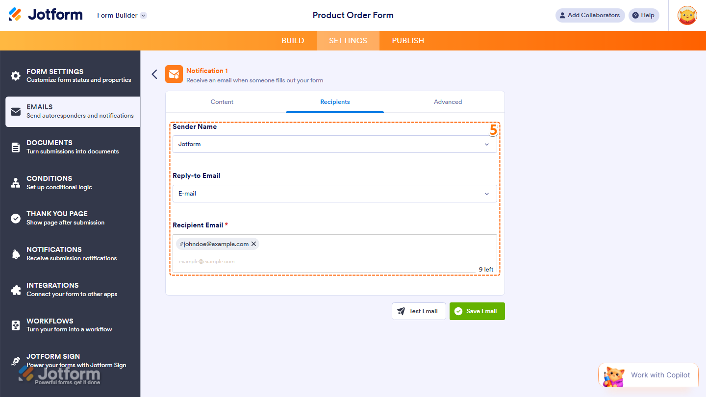 Email template Recipients tab showing Sender Name, Reply-to Email, and Recipient Email fields in Jotform